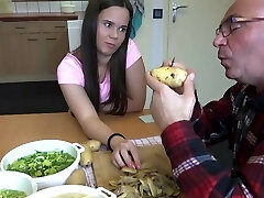 Sugary-sweet teenager fucking the old cook kitchen cum swallowing