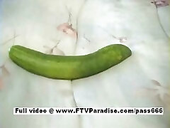Awesome dame Janelle girl doing a huge pickle insertion inside pussy and jerking