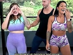 Yoga coach got a boner when he opened up two latinas and they had to gargle his cock