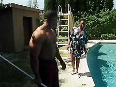 Horny black Milf gets on her knees and sucks the pool boy then fucks