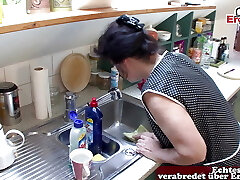 German grandmother get hard fuck in kitchen from step son