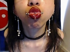 Goth with Red Lipstick Drools a Plenty Of and Blows Slobber Bubbles - Spit Fetish