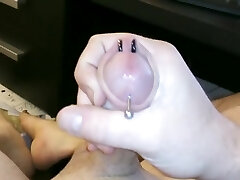 Jerking My Firm Pierced Meatpipe With Cumshot With Closeup On Piercings