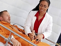 Horny and hot dark-hued doctor flashes her tits before patient fucks her mish