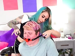 Blue haired Pearl Sage puts on a strap on toy to pound a horny dude