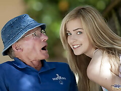 Fantastic teen sucks grandpa outdoors and she swallows it all
