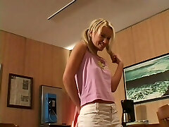 Pigtailed babe in mini-skirt enjoys harsh asshole pounding and swallows cum