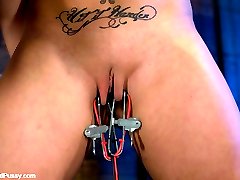 Claire Dames is strung up helpless, then shocked and made to cum by super hot Mistress Lorelei...