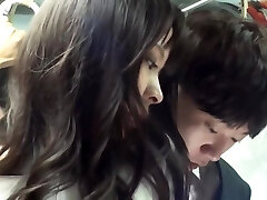 Asian beauty in black pantyhose is sucking man sausage and getting banged in a public bus