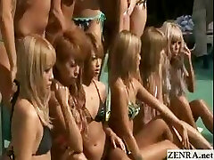 Tanned gang of Japanese teenies pose for a topless pool photo shoot