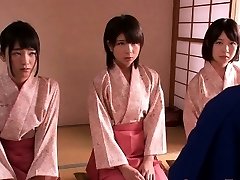 Petite female dom Japanese kimono honeys jump on dude
