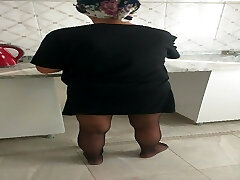 Sexy gams in nylons while my stepmom makes wedged in the kitchen
