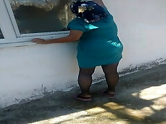 Luxurious cleaner who wipes glass wants to arouse