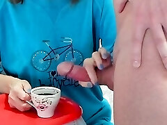 Old woman handjob cum in coffee food fetish