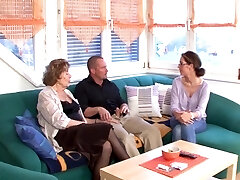 Mature lady moans while being pummeled hard on the sofa - HD