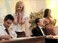 School babes deep-throating dicks and having group sex in the classroom