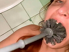 filthy toilet licking, toilet brush, spit from the floor