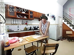 Ravioli Time! A nude housekeeper works in the motel kitchen. Depraved housekeeper works in the kitchen without undies.