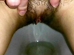 Russian mistress piss in your mouth, hairy pussy, close up pissing nymph