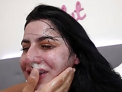 Submissive slutty babe gagging cock and getting smacked