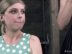 Sweetheart in a polka dot dress submits to painful bondage