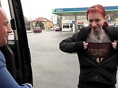 Totally Pierced and Tattooed Wierd Creature Rock the Trouser Snake in Driving Van