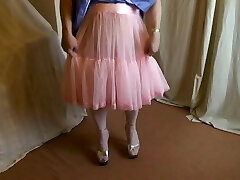 Lilac bridesmaid sundress, pink petticoat and platform heels