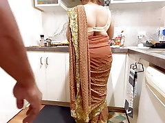 Indian Couple Romance in the Kitchen - Saree Sex - Saree lifted up, Rump Smacked Boobs Press