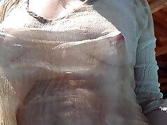 Nippleringlover Horny Milf Watch Through Wet T-shirt In Pool Padlocks In Extreme Pierced Nipples