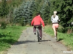 Slim blonde girl with puny tits takes a load of jizm on her pussy