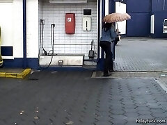 Foxy babe gets nailed in the wc through gloryhole