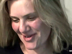 Busty blonde housewife sucking a hard ebony cock