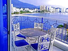 Fucking on the balcony overlooking the bay of funny nose Marta, Colombia. I give a blowjob and they cum on my buttocks.