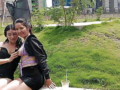 couple of stepsisters meet in the park outdoors and get horny until they have lesbian www afrocomcom with each other