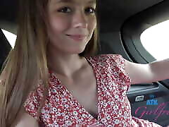 Car amateur smalls go down and naughty ride with Mira Monroe amateur in back seat blowjob filmed POV