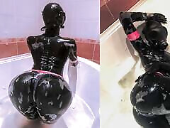 Rubber www nxxx video hd in a gas mask takes a bath