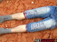 Hung twink Eryk is playing with his feet and fate bangali uncut cock