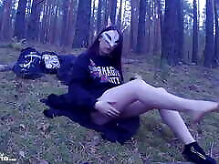 Masked brunette fucked good in the woods and sucked dick deep