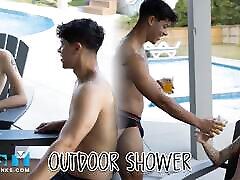 NastyTwinks - Outdoor Shower - Jay Angelo takes a shower outside when Jordan Haze Checks in on Him and Fun Ensues