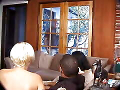 Orgy play with 2 sexy females and huge cocks on the sofa