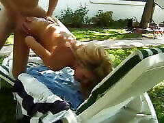 Hot blonde with bea dionisio stockings on sucks and fucks outdoors