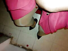 Red dress and shiny pantyhose walking in pirnhub hd heels