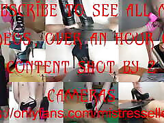 mistress Elle with wide heel boots makes fun of big boobs moles slave