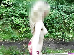 Student runs naked outside in public park and flashes bouncing tits in koduramana sex bra