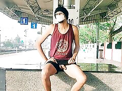 Tall downlode m4 gay boy having fun with dick at railway station