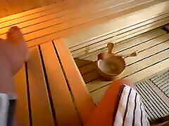 Risky cumshot in the sauna bucket