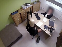 Shaved pussy blonde bends over to be fucked during a job interview