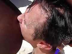 ebony old grand young licking on beach