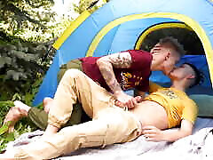 Smooth Twink Gets His Tight Ass Stretched While Camping with Straight lesbians strap on asian Friend