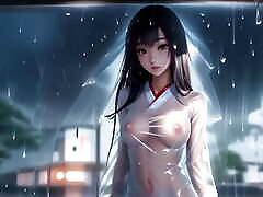 Cute Topless Japanese Girls Under the Rain